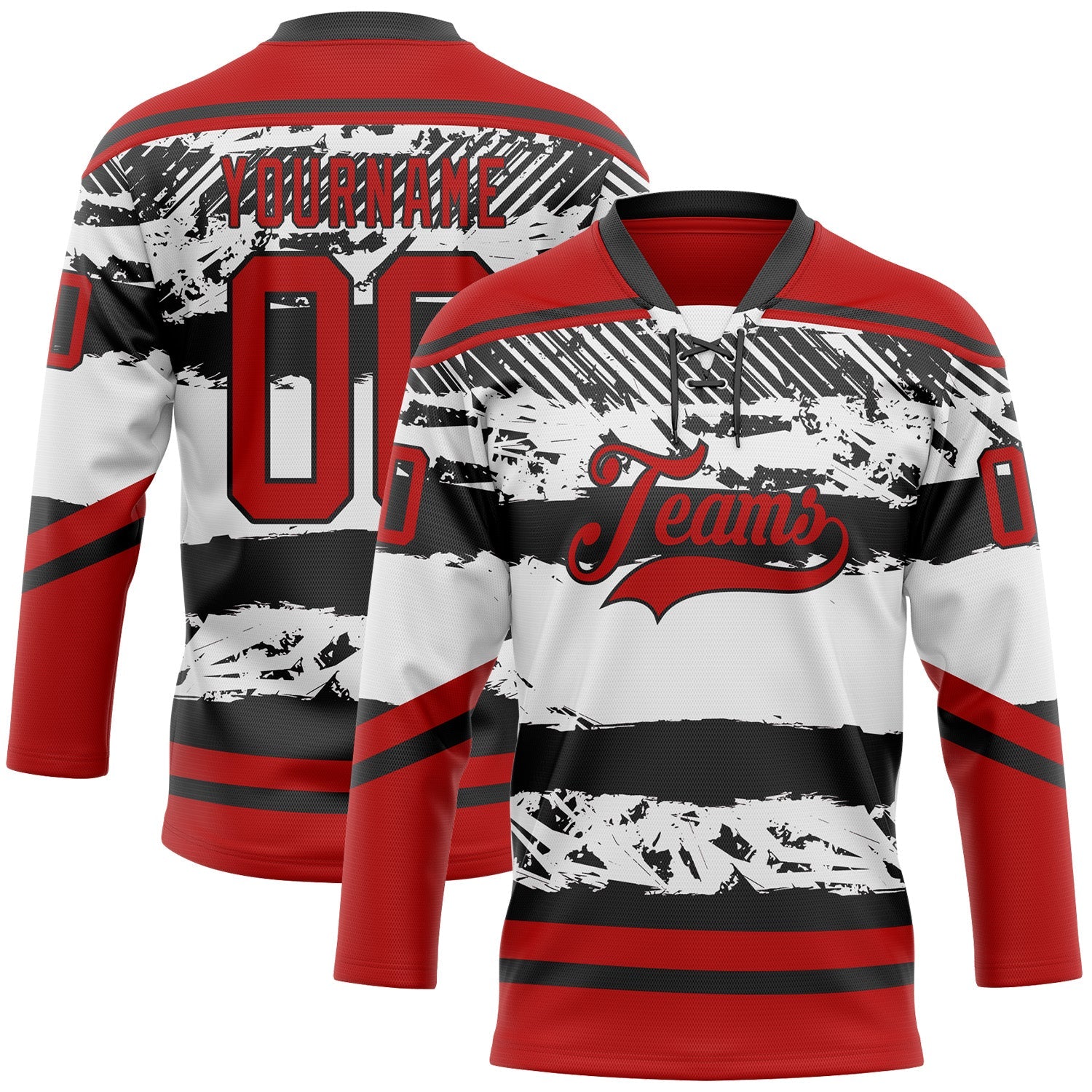 Custom White Red-Black Abstract Detroit Inspired Line Hockey Lace Neck Jersey - Main View