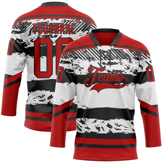 Custom White Red-Black Abstract Detroit Inspired Line Hockey Lace Neck Jersey - Main View