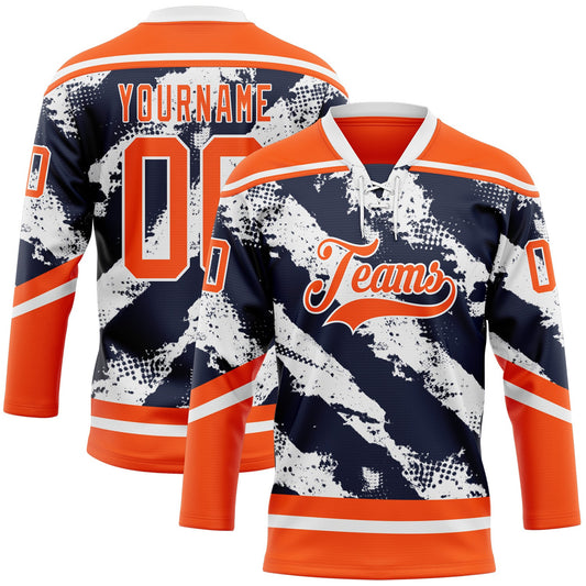 Custom Orange Navy-White Abstract Edmonton Inspired Splash Hockey Lace Neck Jersey - Main View