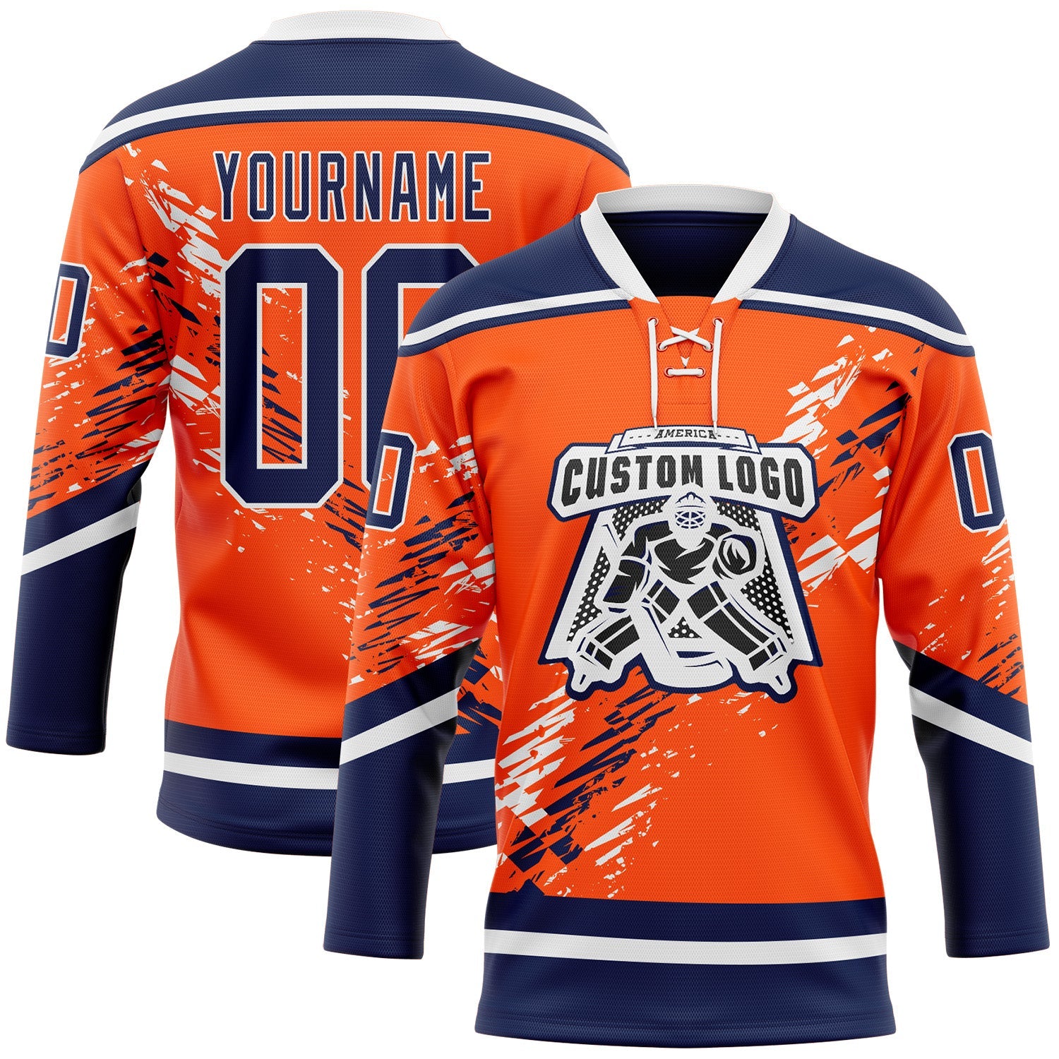 Custom Orange Navy-White Abstract Edmonton Inspired Splash Hockey Lace Neck Jersey view 2