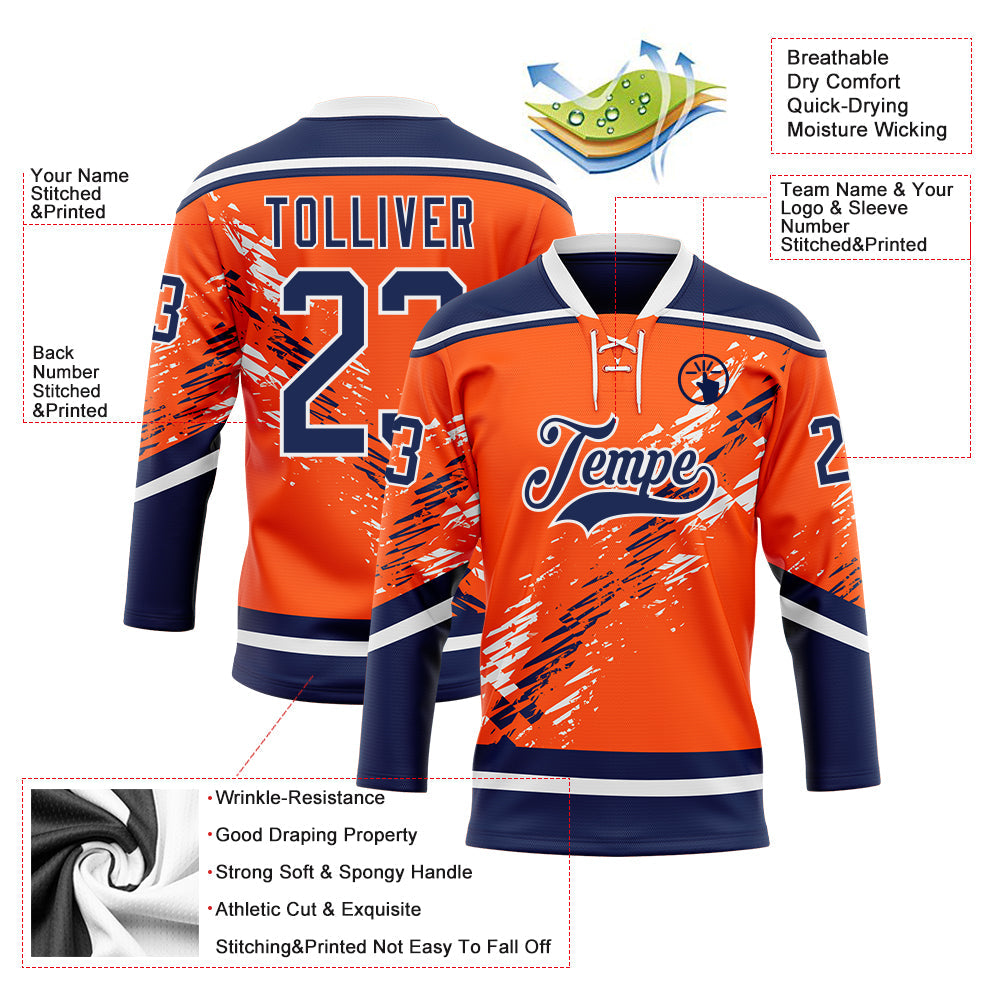 Custom Orange Navy-White Abstract Edmonton Inspired Splash Hockey Lace Neck Jersey view 5