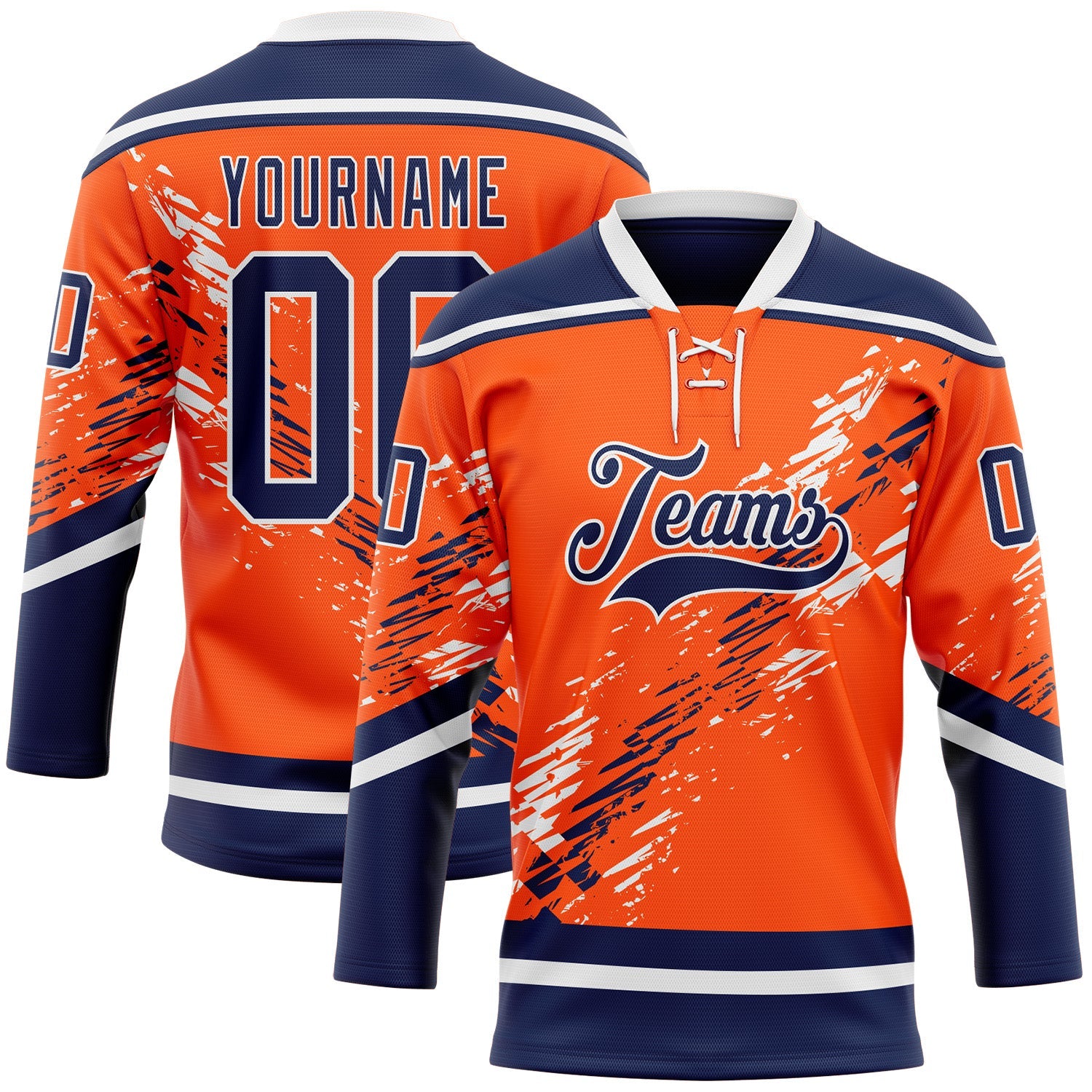 Custom Orange Navy-White Abstract Edmonton Inspired Splash Hockey Lace Neck Jersey - Main View