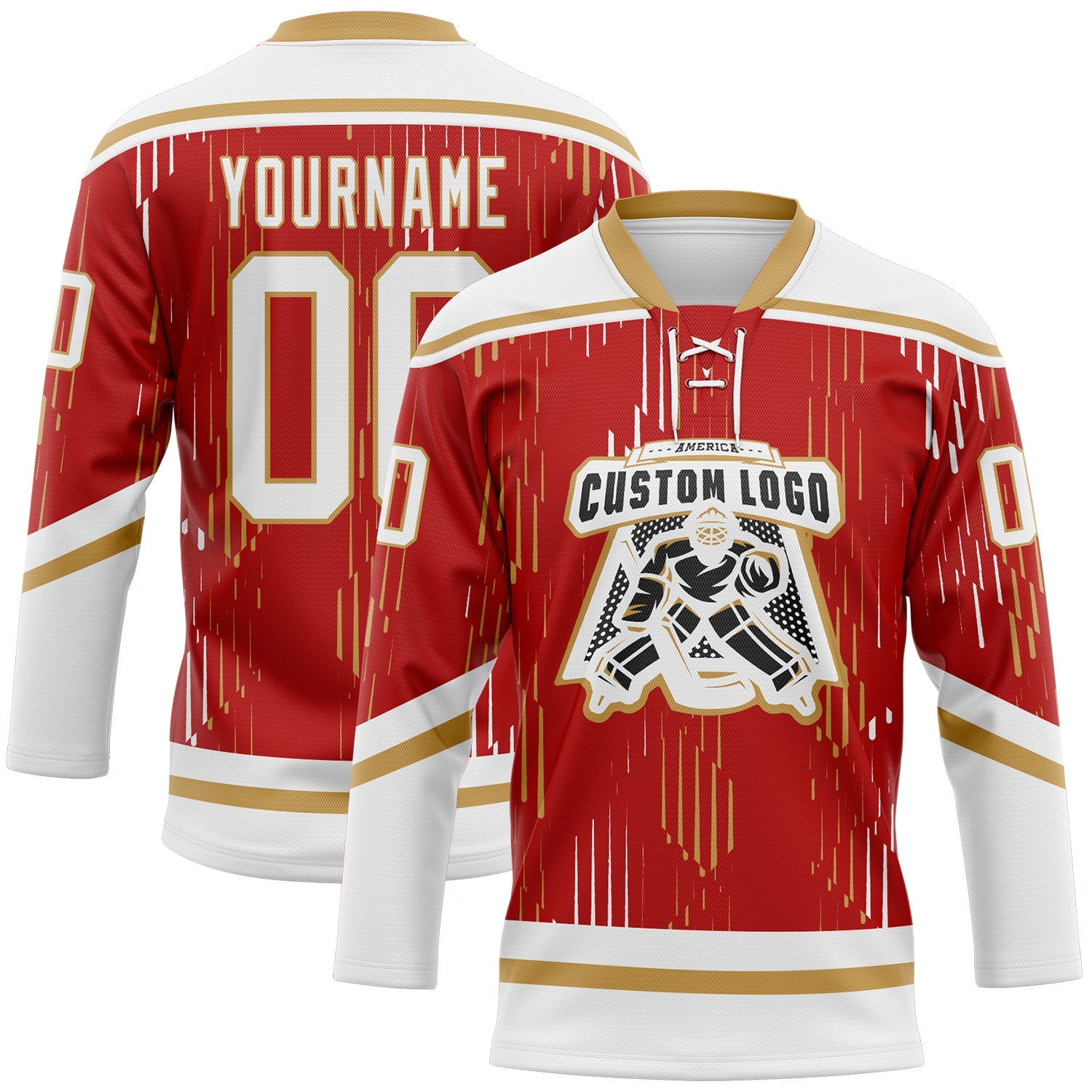 Custom Red White-Old Gold Abstract Florida Inspired Line Hockey Lace Neck Jersey view 2