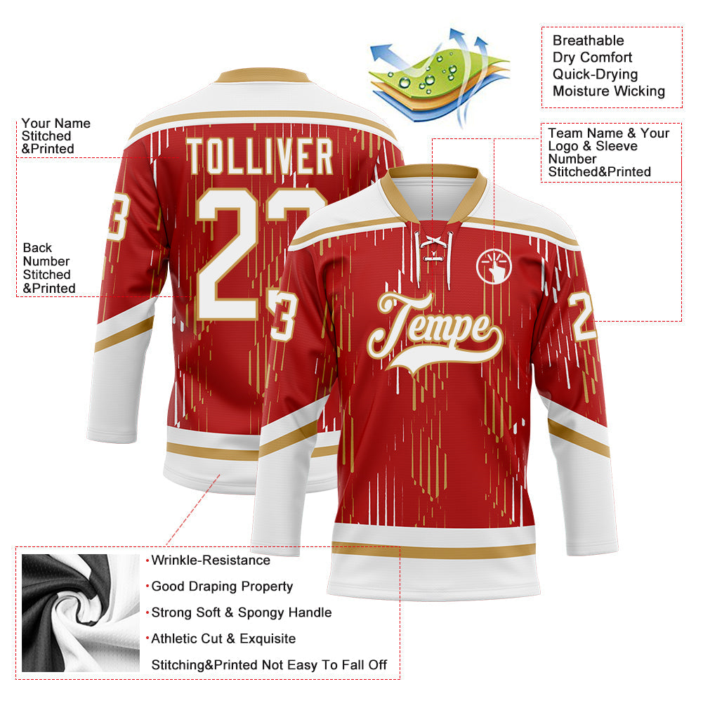 Custom Red White-Old Gold Abstract Florida Inspired Line Hockey Lace Neck Jersey view 5