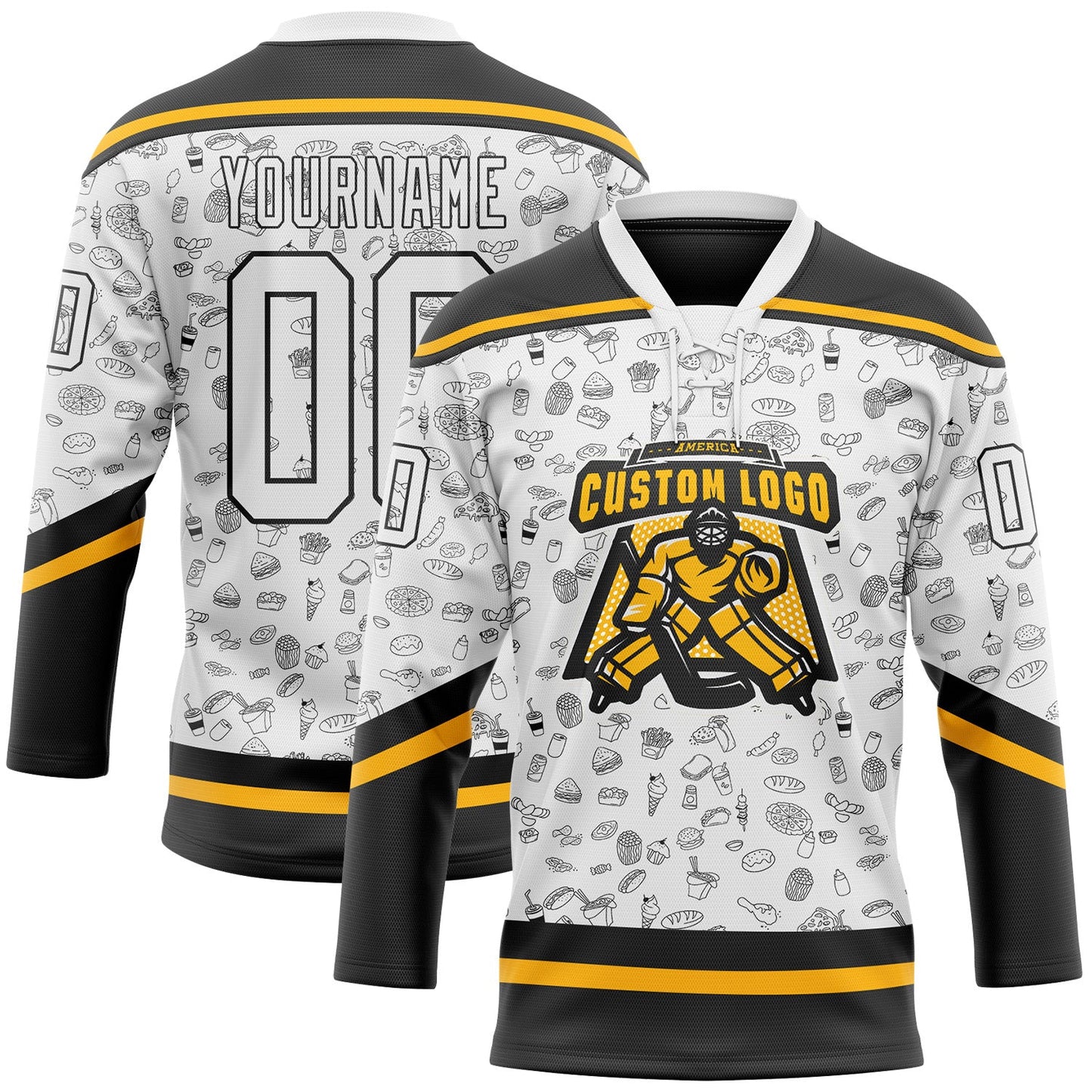Custom White Black-Gold Foodie Fast Food Hockey Lace Neck Jersey view 2