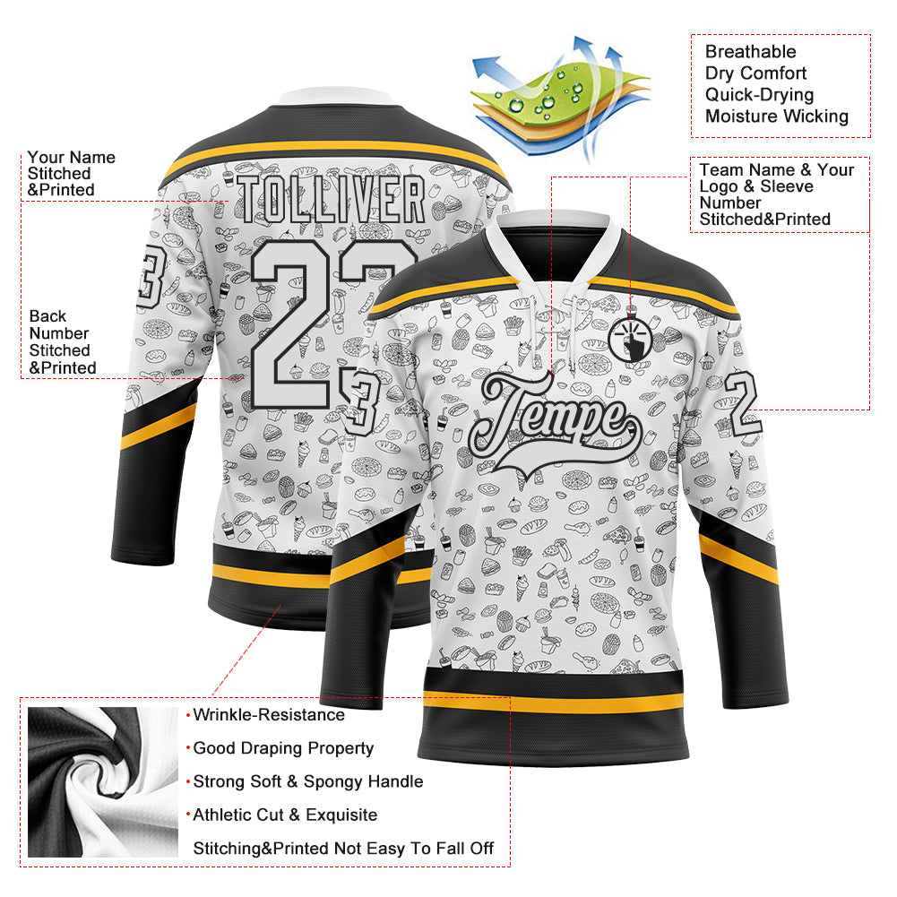 Custom White Black-Gold Foodie Fast Food Hockey Lace Neck Jersey view 5