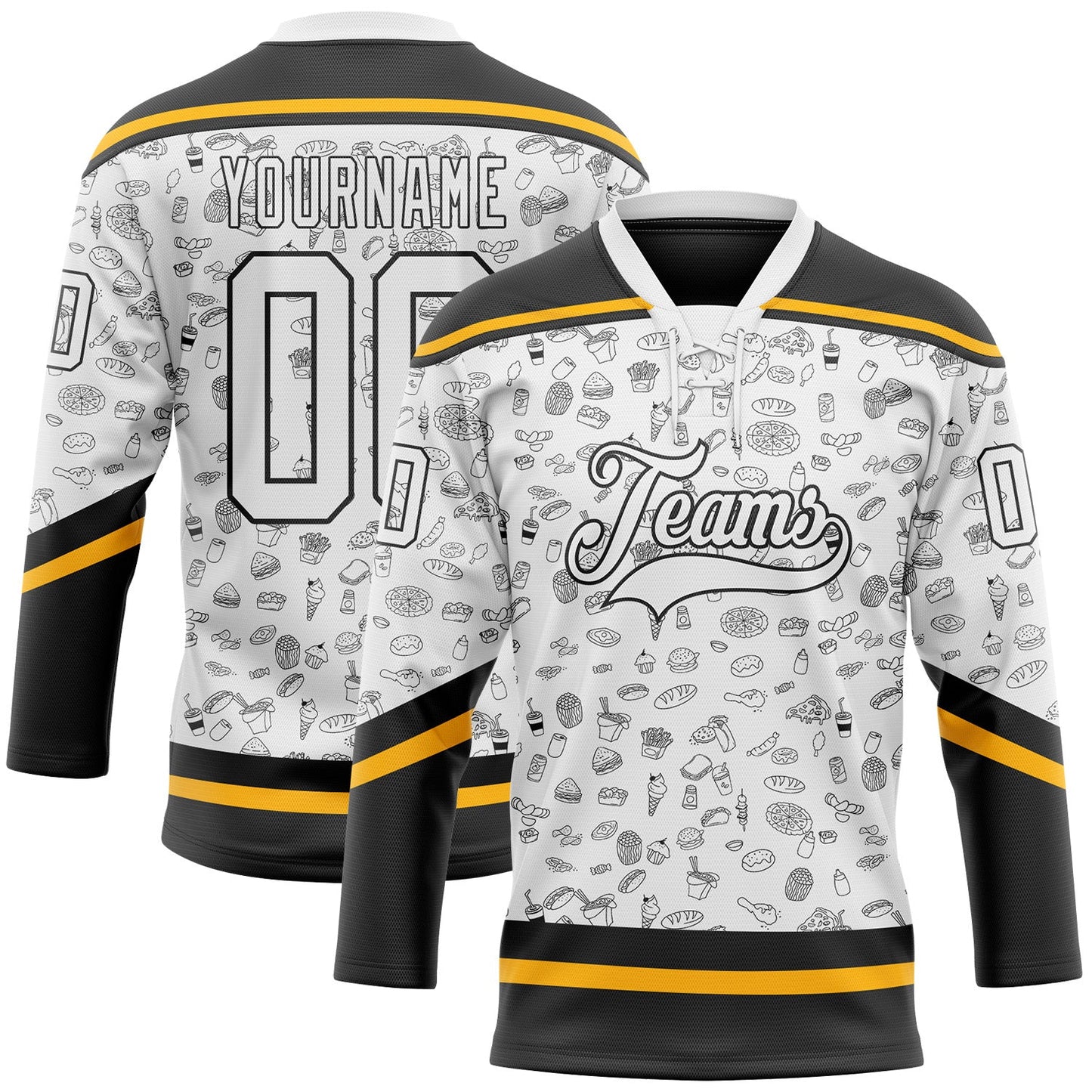 Custom White Black-Gold Foodie Fast Food Hockey Lace Neck Jersey - Main View
