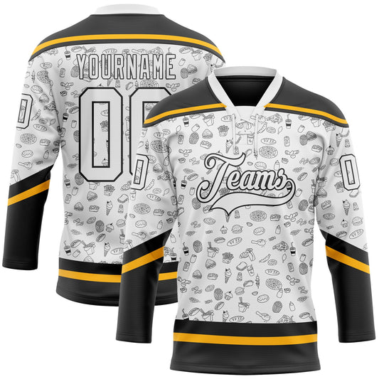 Custom White Black-Gold Foodie Fast Food Hockey Lace Neck Jersey - Main View
