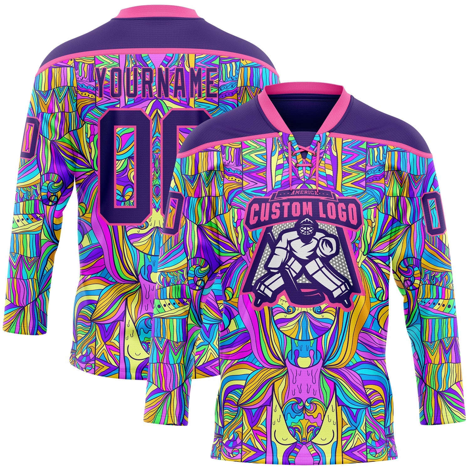 Custom Purple Pink-Yellow Trippy Psychedelic Hockey Lace Neck Jersey view 2