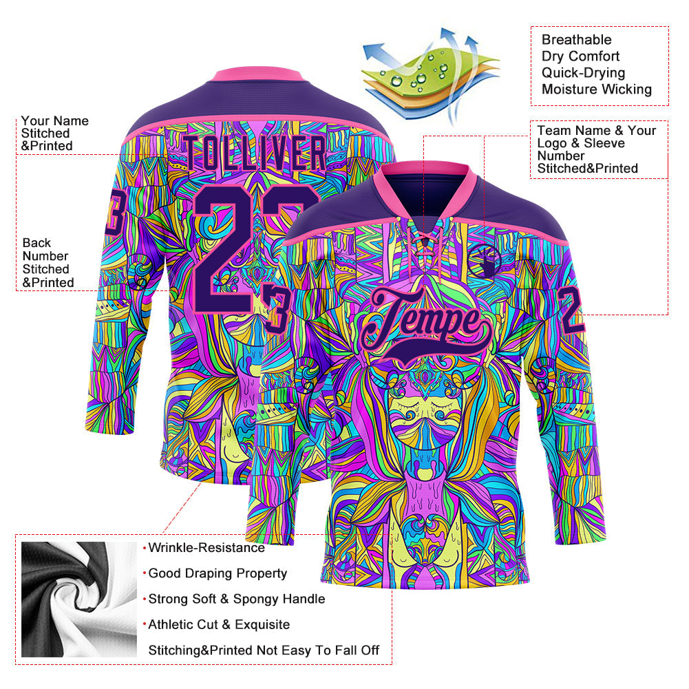 Custom Purple Pink-Yellow Trippy Psychedelic Hockey Lace Neck Jersey view 5