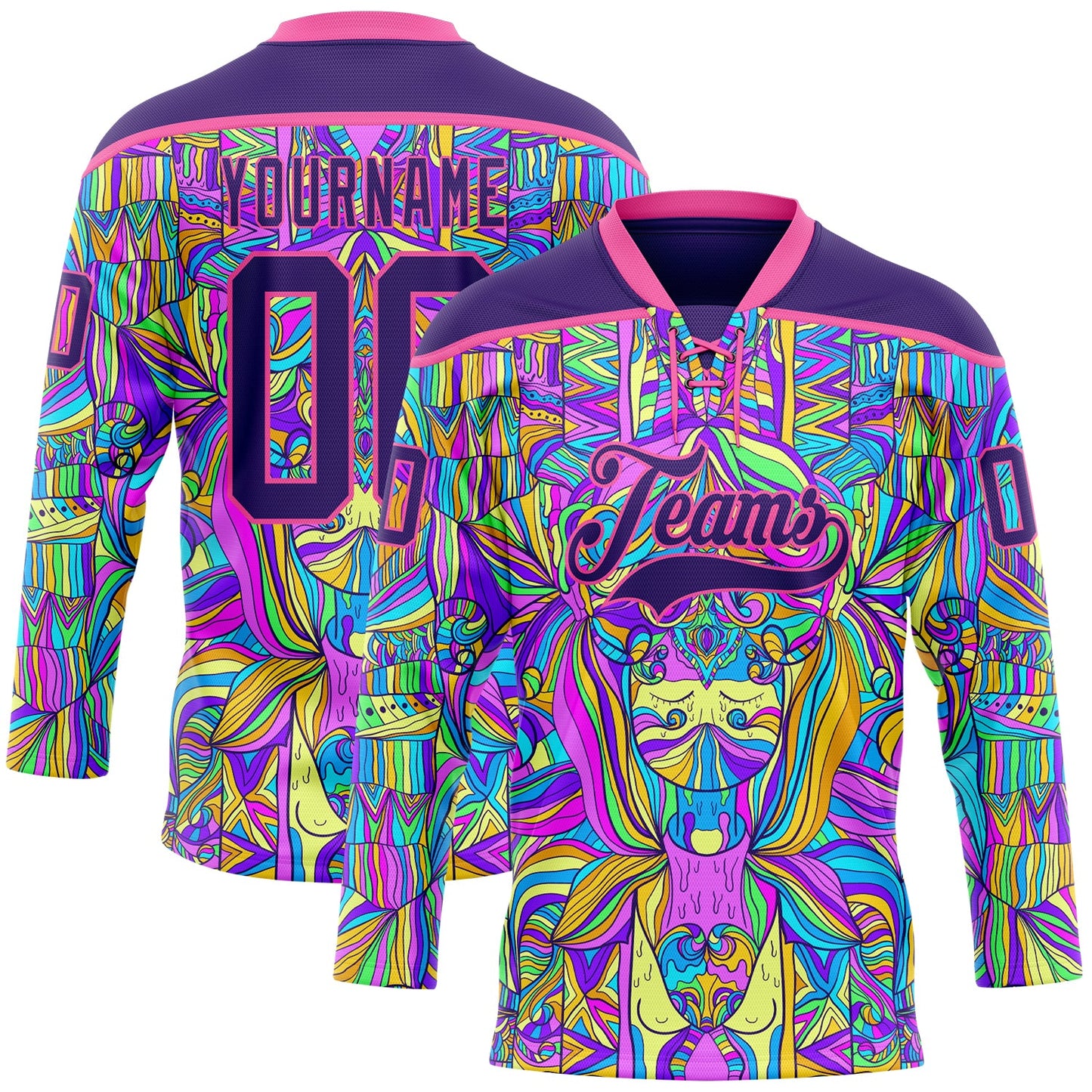 Custom Purple Pink-Yellow Trippy Psychedelic Hockey Lace Neck Jersey - Main View