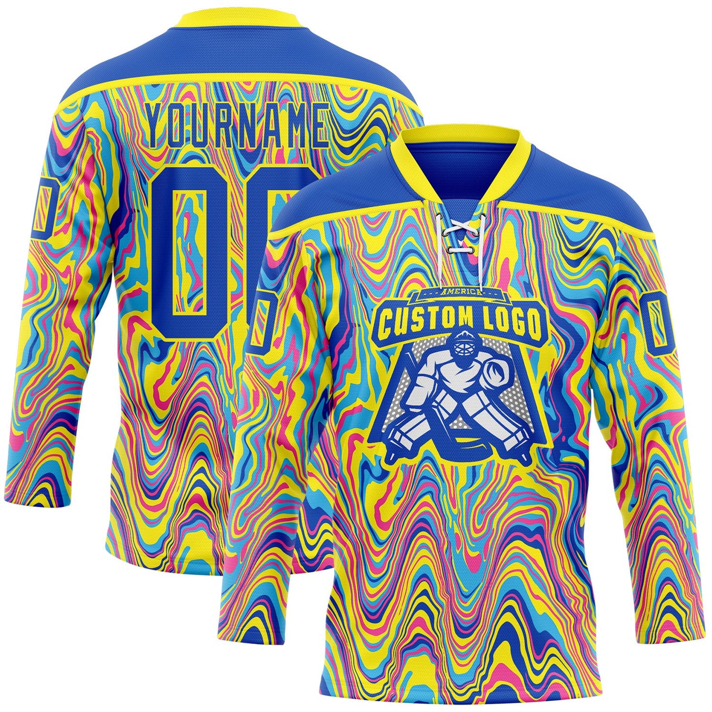 Custom Yellow Thunder Blue Pink-Light Yellow Trippy Psychedelic Fluid Hockey Lace Neck Jersey view 2