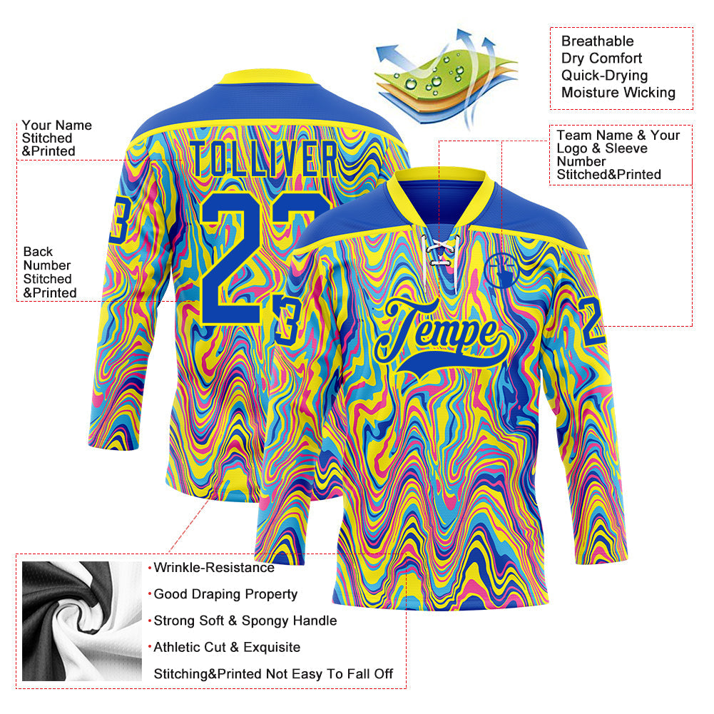 Custom Yellow Thunder Blue Pink-Light Yellow Trippy Psychedelic Fluid Hockey Lace Neck Jersey view 5