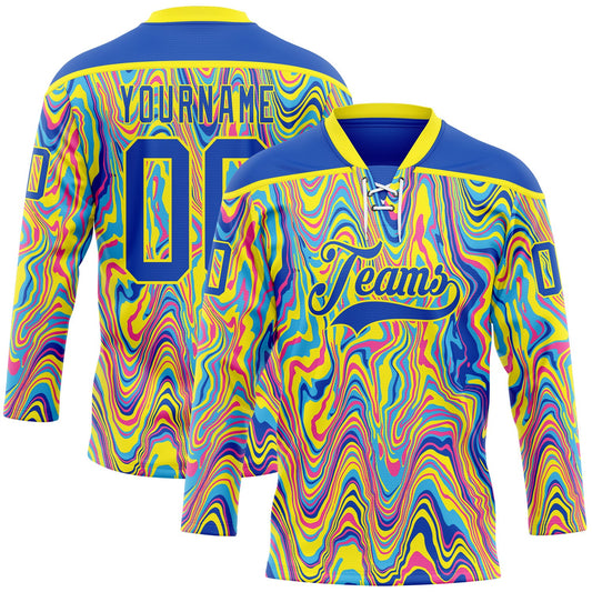 Custom Yellow Thunder Blue Pink-Light Yellow Trippy Psychedelic Fluid Hockey Lace Neck Jersey - Main View
