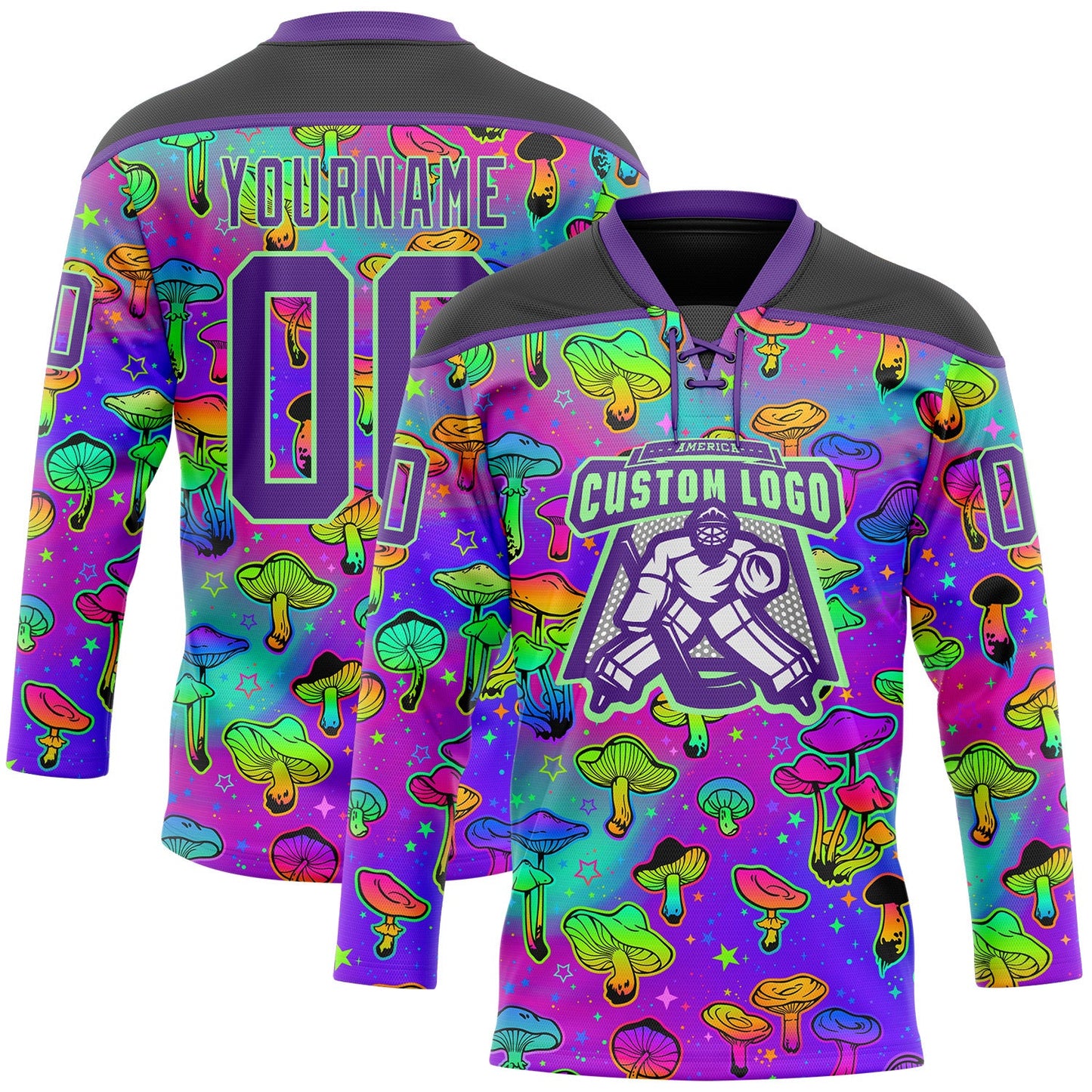 Custom Purple Pea Green-Black Trippy Psychedelic Magic Mushrooms Hockey Lace Neck Jersey view 2