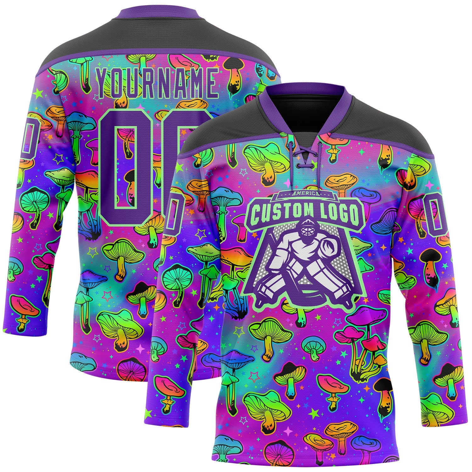 Custom Purple Pea Green-Black Trippy Psychedelic Magic Mushrooms Hockey Lace Neck Jersey view 2