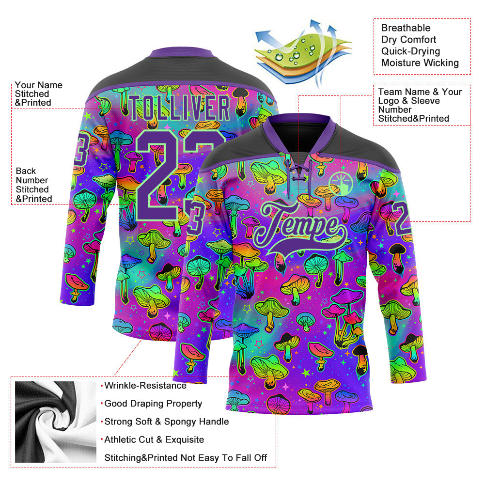 Custom Purple Pea Green-Black Trippy Psychedelic Magic Mushrooms Hockey Lace Neck Jersey view 5