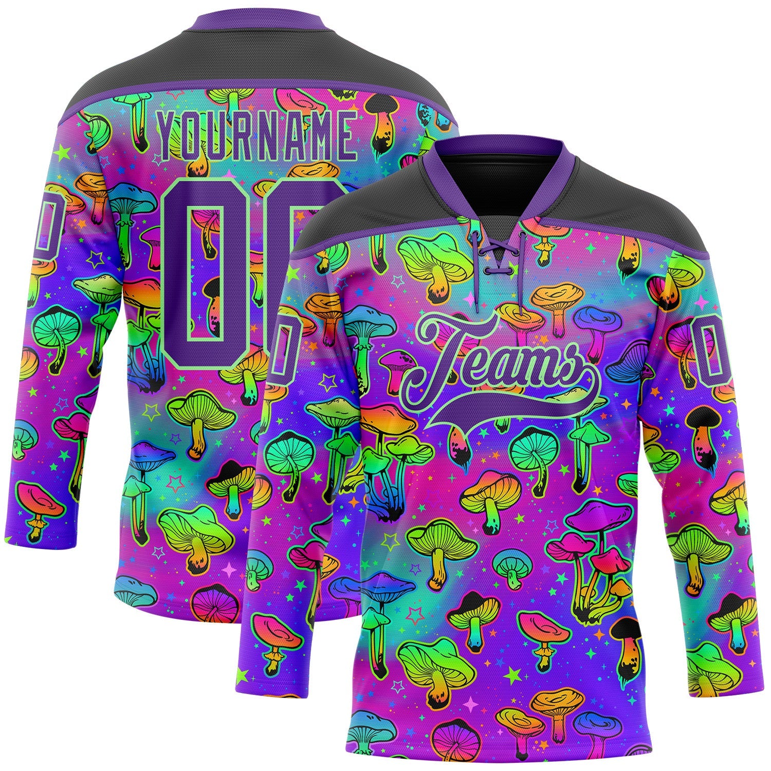 Custom Purple Pea Green-Black Trippy Psychedelic Magic Mushrooms Hockey Lace Neck Jersey - Main View