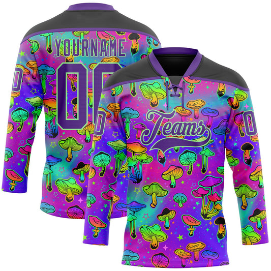 Custom Purple Pea Green-Black Trippy Psychedelic Magic Mushrooms Hockey Lace Neck Jersey - Main View