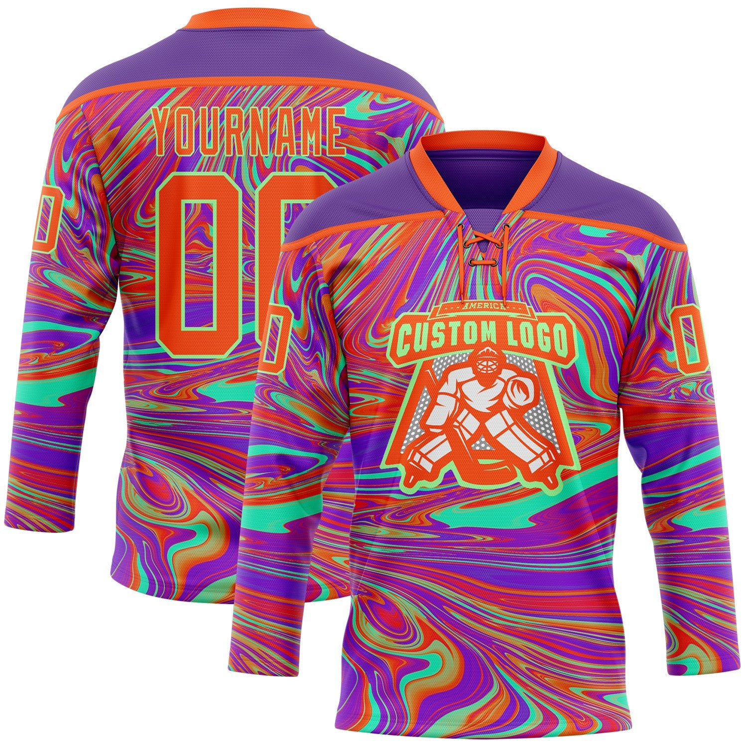 Custom Purple Orange-Pea Green Trippy Psychedelic Fluid Hockey Lace Neck Jersey view 2