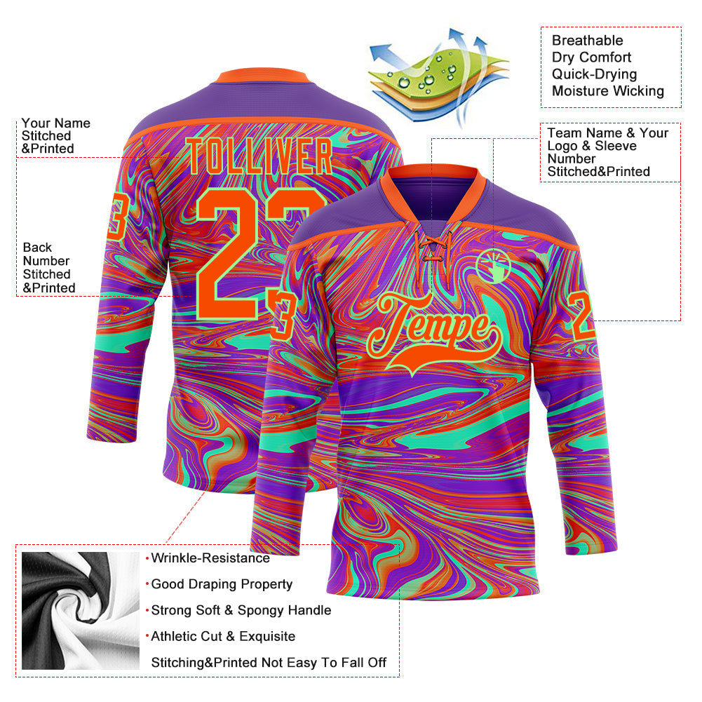 Custom Purple Orange-Pea Green Trippy Psychedelic Fluid Hockey Lace Neck Jersey view 5