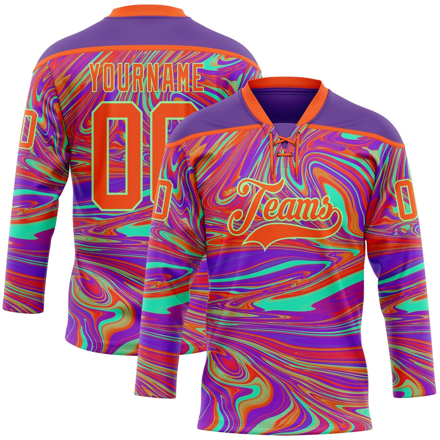 Custom Purple Orange-Pea Green Trippy Psychedelic Fluid Hockey Lace Neck Jersey - Main View