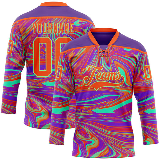 Custom Purple Orange-Pea Green Trippy Psychedelic Fluid Hockey Lace Neck Jersey - Main View