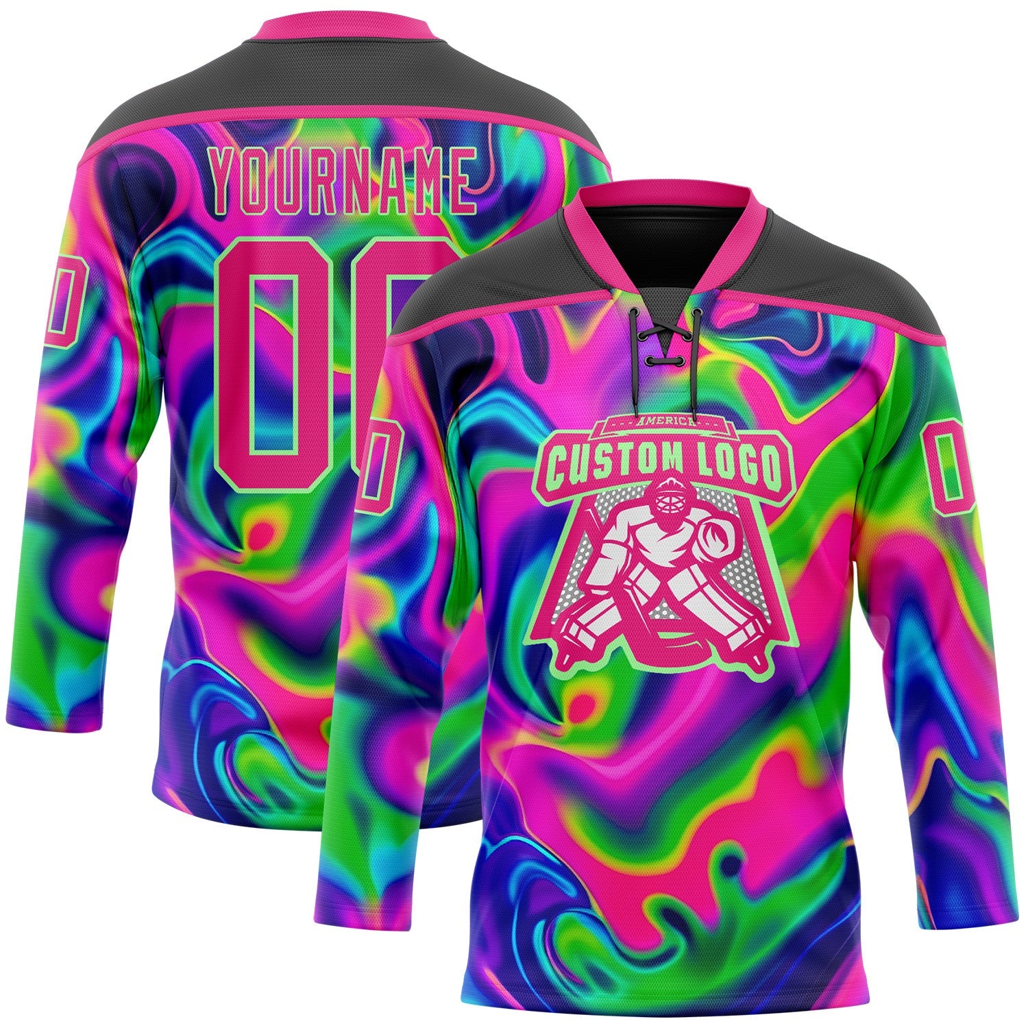 Custom Black Hot Pink-Pea Green Trippy Psychedelic Neon Trendy Holographic Vaporwave Style Hockey Lace Neck Jersey view 2