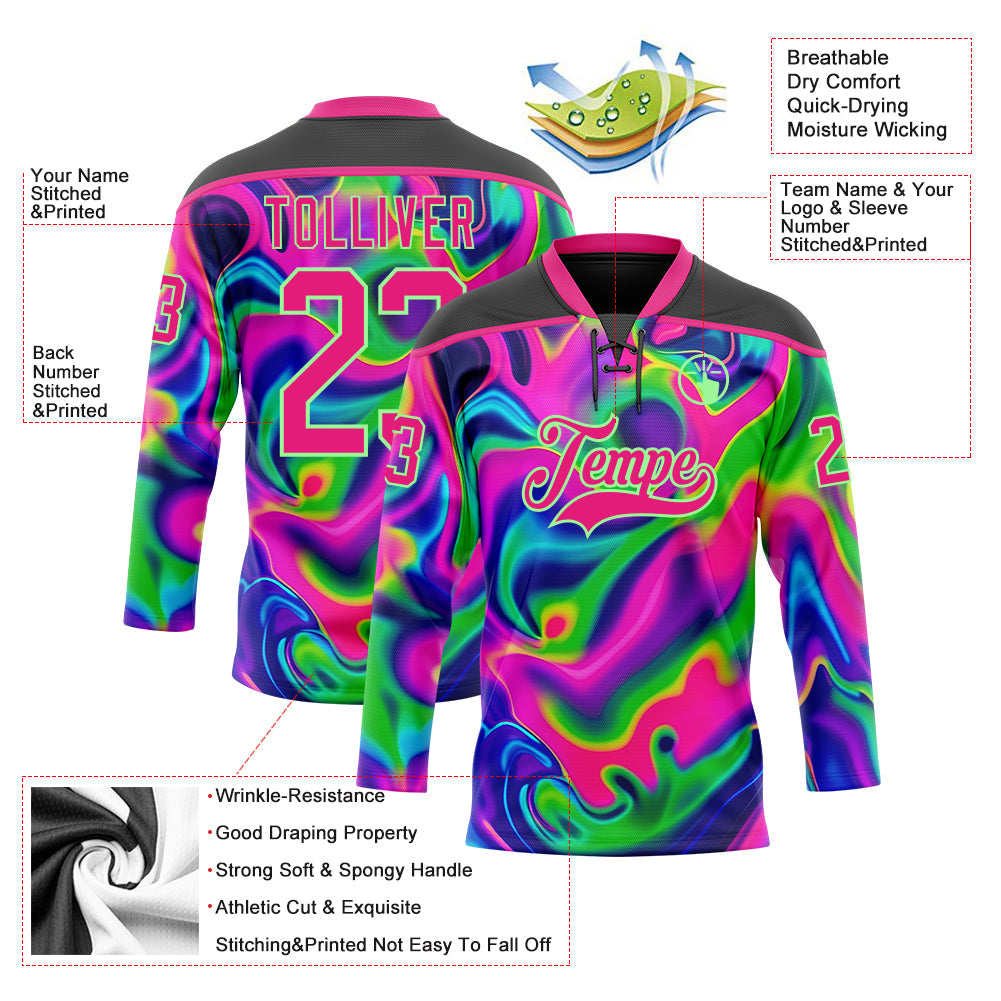 Custom Black Hot Pink-Pea Green Trippy Psychedelic Neon Trendy Holographic Vaporwave Style Hockey Lace Neck Jersey view 5