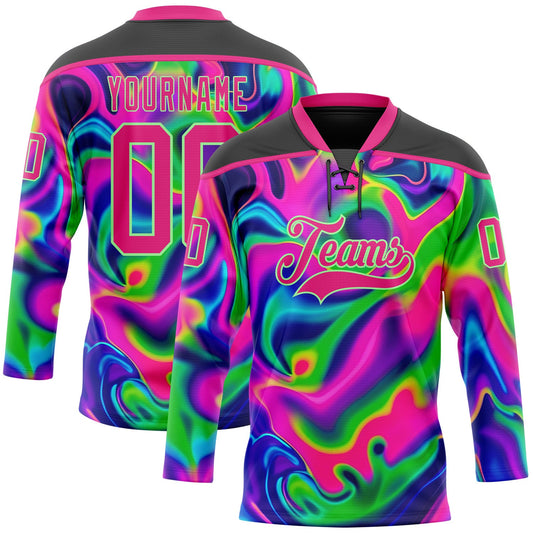 Custom Black Hot Pink-Pea Green Trippy Psychedelic Neon Trendy Holographic Vaporwave Style Hockey Lace Neck Jersey - Main View