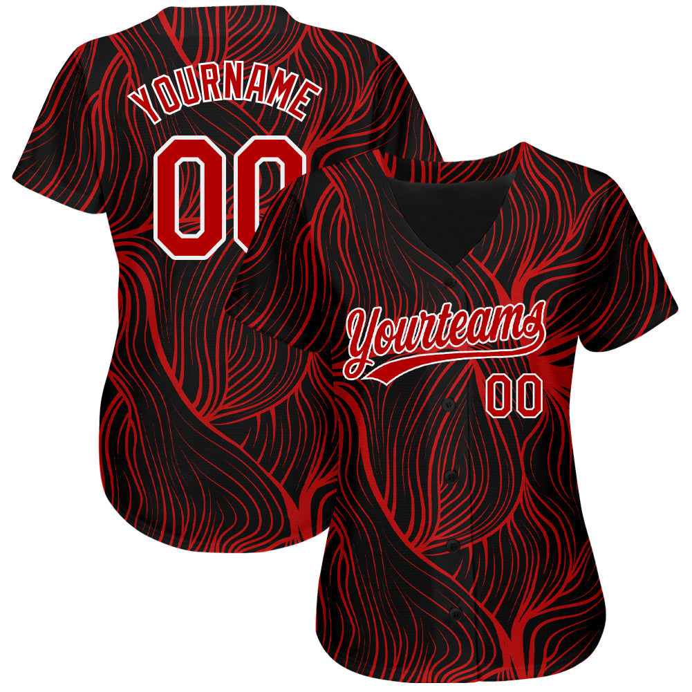Custom Black Red-White 3D Pattern Design Authentic Baseball Jersey view 2