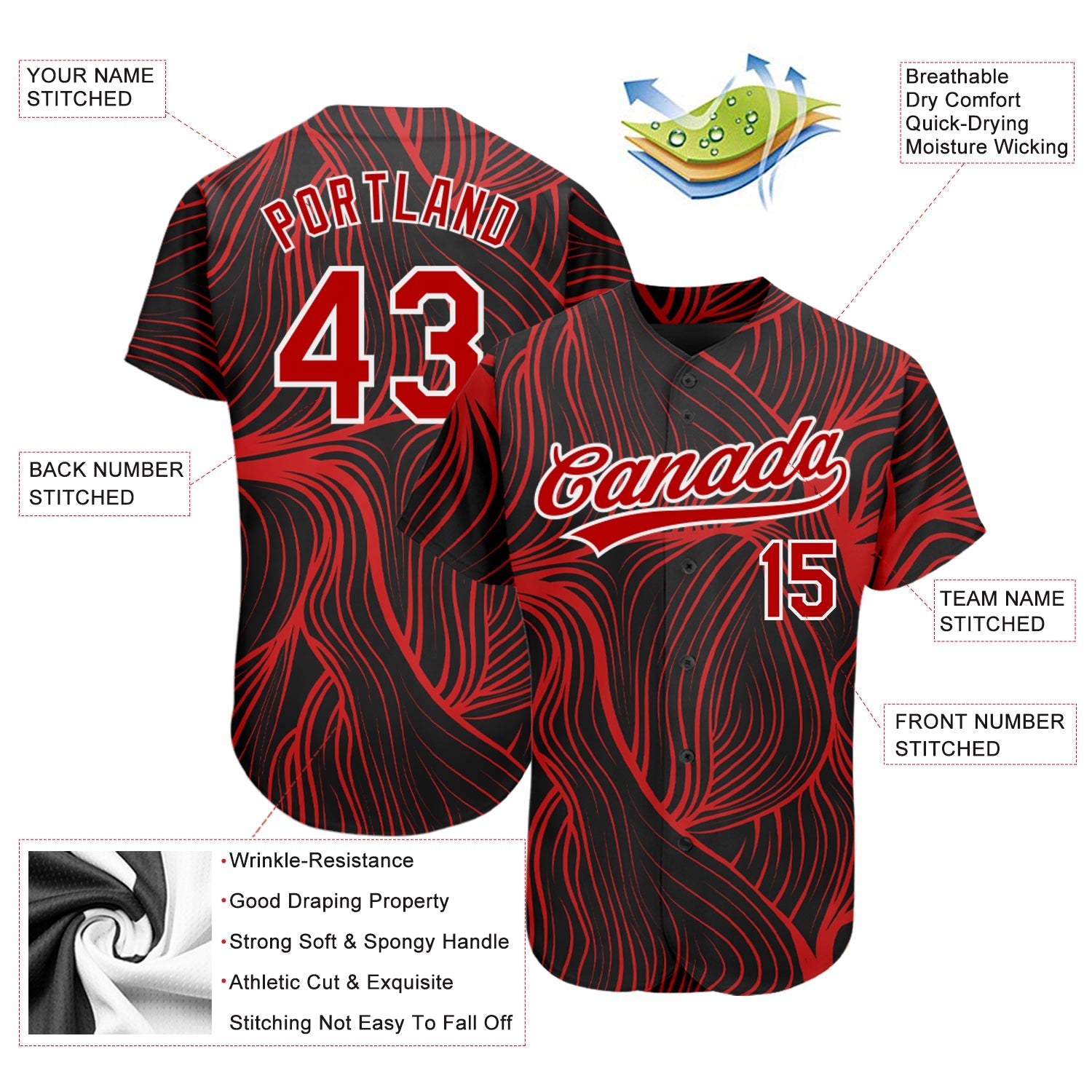 Custom Black Red-White 3D Pattern Design Authentic Baseball Jersey view 3