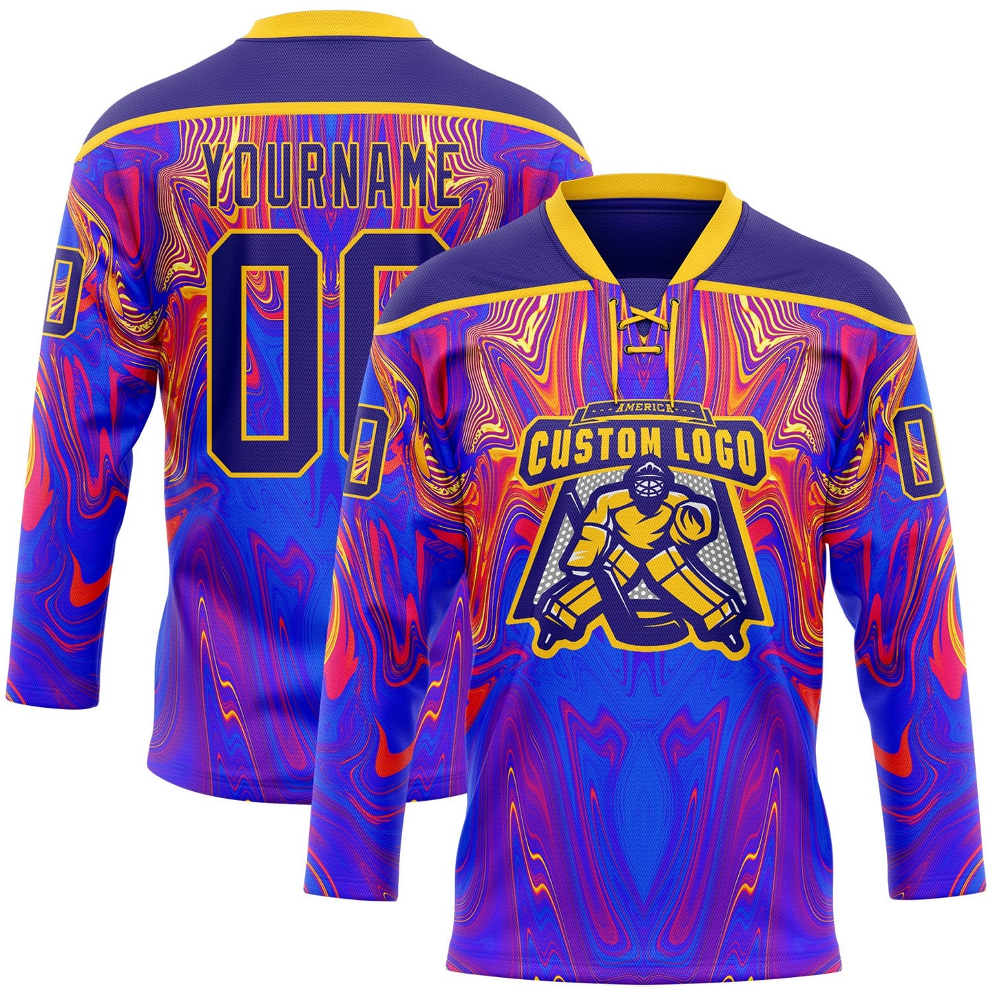 Custom Dark Purple Red-Yellow Trippy Psychedelic Fluid Hockey Lace Neck Jersey view 2