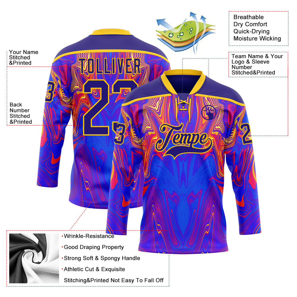 Custom Dark Purple Red-Yellow Trippy Psychedelic Fluid Hockey Lace Neck Jersey view 5