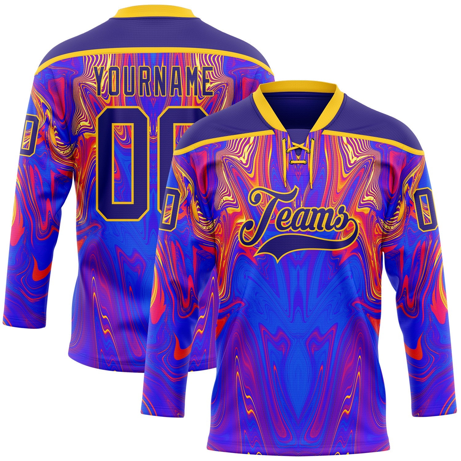 Custom Dark Purple Red-Yellow Trippy Psychedelic Fluid Hockey Lace Neck Jersey - Main View