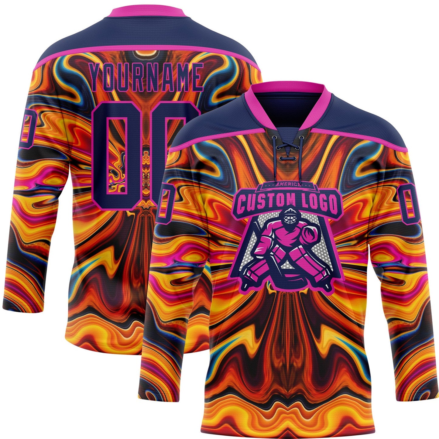 Custom Navy Yellow-Deep Pink Trippy Psychedelic Fluid Hockey Lace Neck Jersey view 2