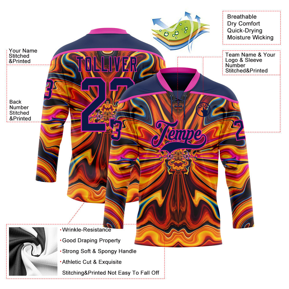 Custom Navy Yellow-Deep Pink Trippy Psychedelic Fluid Hockey Lace Neck Jersey view 5