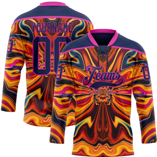 Custom Navy Yellow-Deep Pink Trippy Psychedelic Fluid Hockey Lace Neck Jersey - Main View