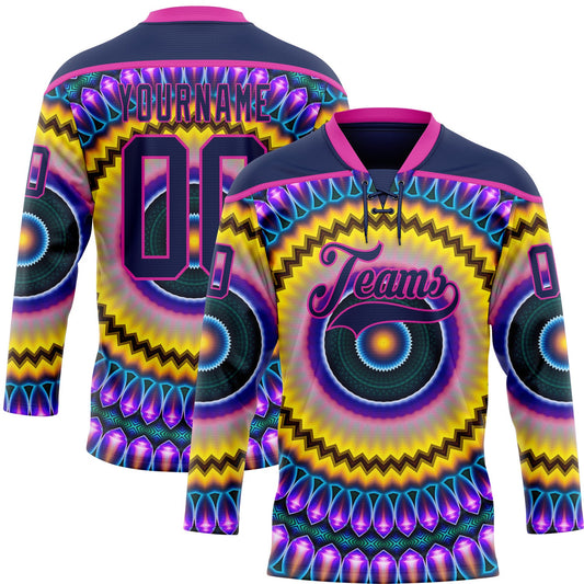 Custom Navy Purple Yellow-Deep Pink Trippy Psychedelic Hockey Lace Neck Jersey - Main View