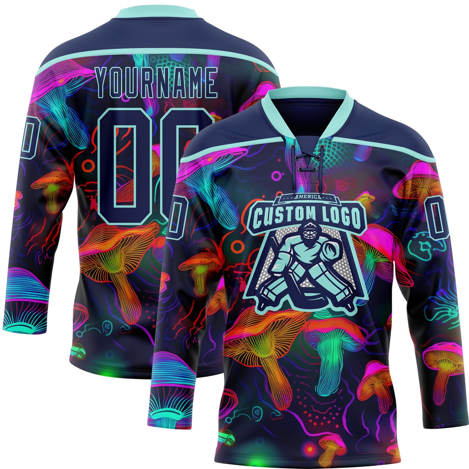 Custom Navy Ice Blue Yellow-Pink Trippy Psychedelic Magic Mushrooms Hockey Lace Neck Jersey view 2