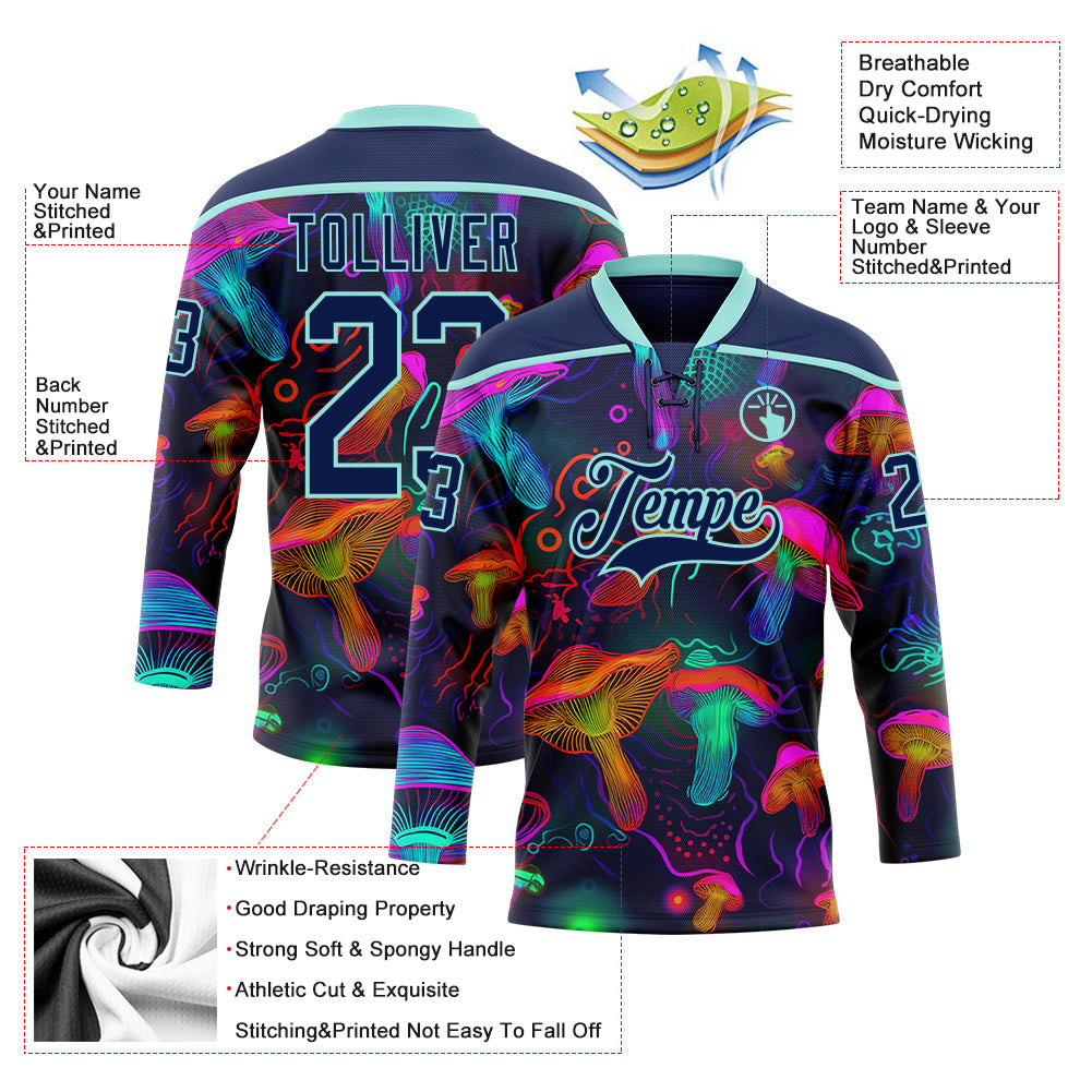 Custom Navy Ice Blue Yellow-Pink Trippy Psychedelic Magic Mushrooms Hockey Lace Neck Jersey view 5