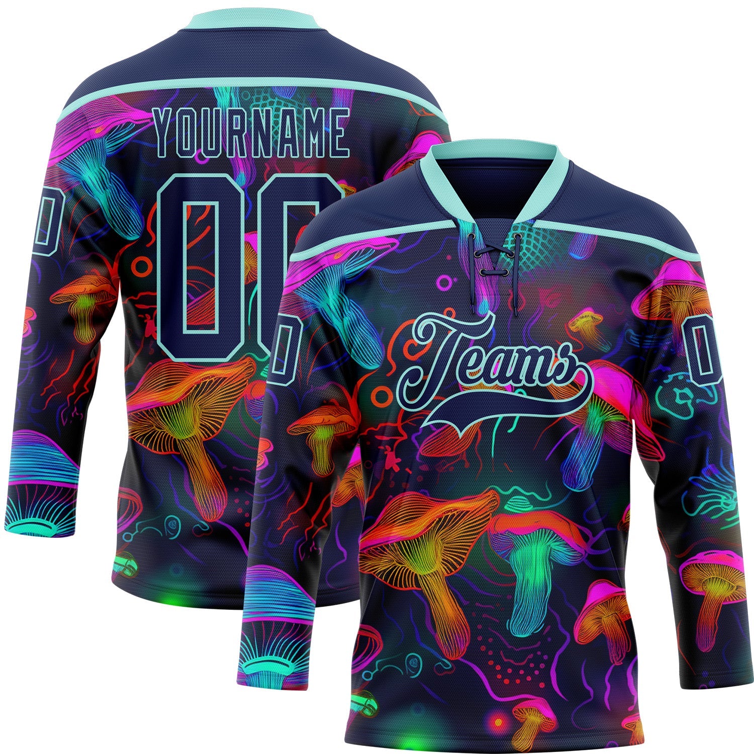 Custom Navy Ice Blue Yellow-Pink Trippy Psychedelic Magic Mushrooms Hockey Lace Neck Jersey - Main View