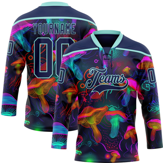 Custom Navy Ice Blue Yellow-Pink Trippy Psychedelic Magic Mushrooms Hockey Lace Neck Jersey - Main View