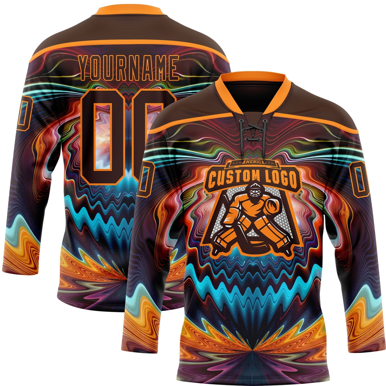 Custom Brown Bay Orange Red-Blue Trippy Psychedelic Fluid Hockey Lace Neck Jersey view 2
