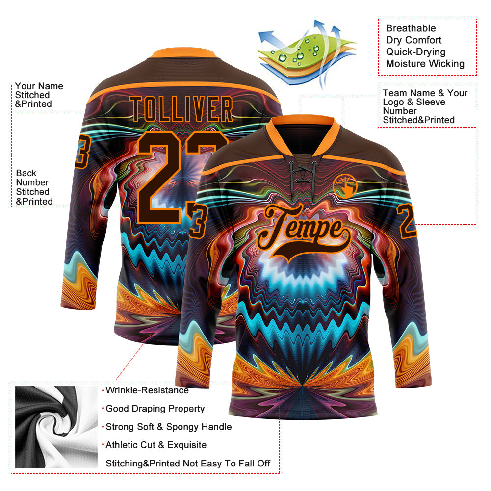 Custom Brown Bay Orange Red-Blue Trippy Psychedelic Fluid Hockey Lace Neck Jersey view 5