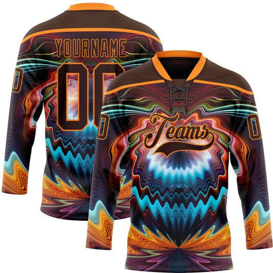 Custom Brown Bay Orange Red-Blue Trippy Psychedelic Fluid Hockey Lace Neck Jersey - Main View
