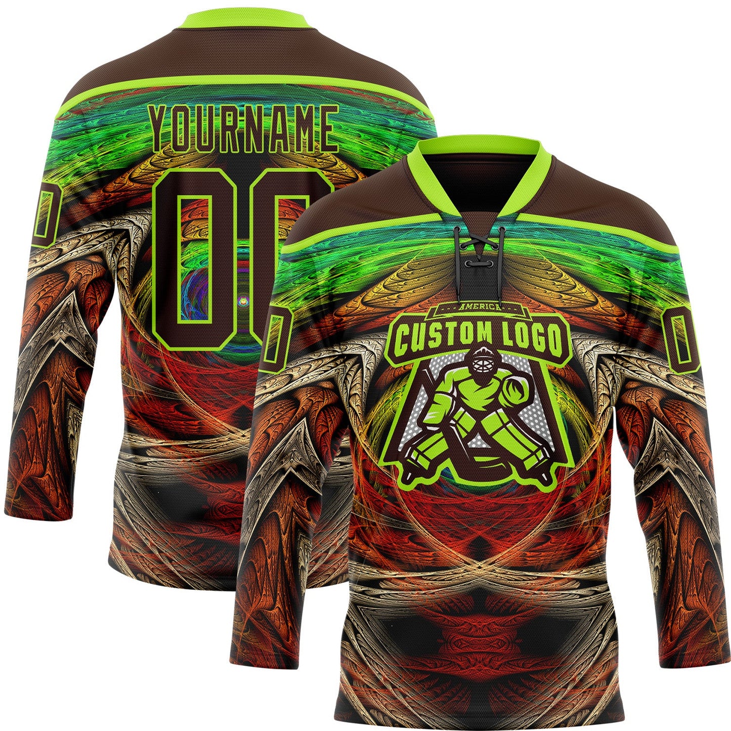 Custom Brown Neon Green Red-Blue Trippy Psychedelic Hockey Lace Neck Jersey view 2