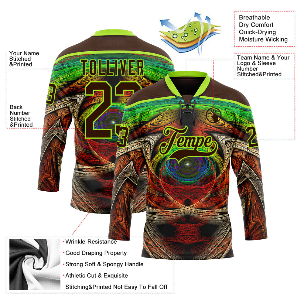 Custom Brown Neon Green Red-Blue Trippy Psychedelic Hockey Lace Neck Jersey view 5