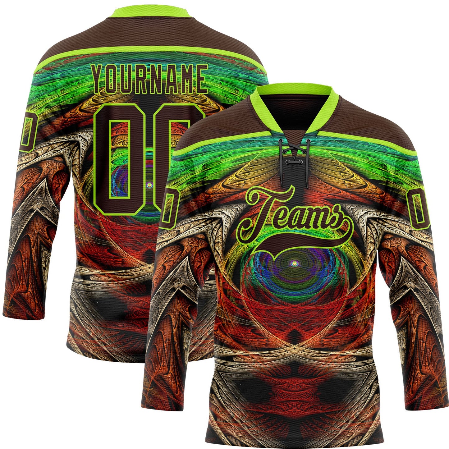 Custom Brown Neon Green Red-Blue Trippy Psychedelic Hockey Lace Neck Jersey - Main View