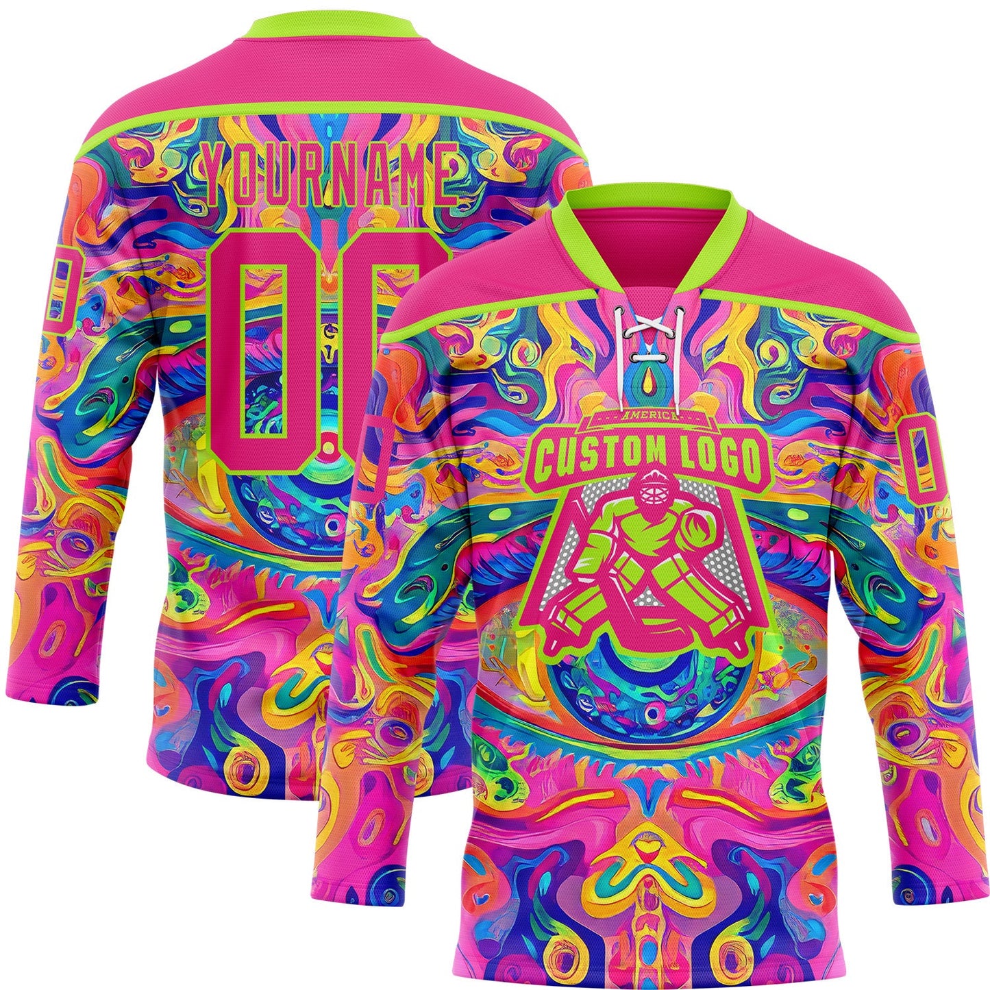 Custom Hot Pink Neon Green Yellow-Blue Trippy Psychedelic Neon Hockey Lace Neck Jersey view 2